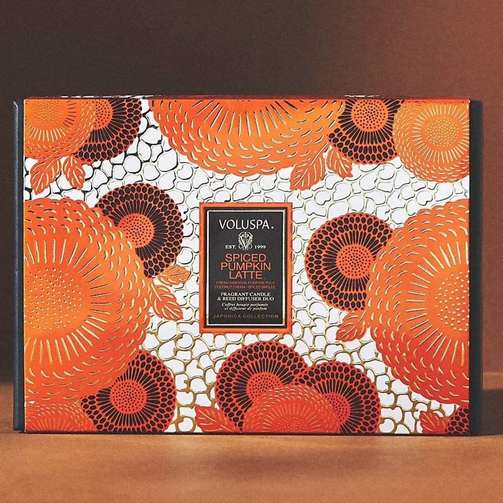 ✨HP✨ Voluspa Japonica Spiced Pumpkin Latte Glass Jar Candle & Reed Diffuser Set